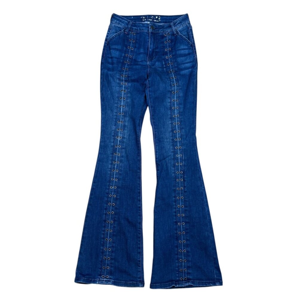 IDYLWIND by Miranda Lambert Blue Flare Jeans Size 2 Long Lace-Up Grommet Western
